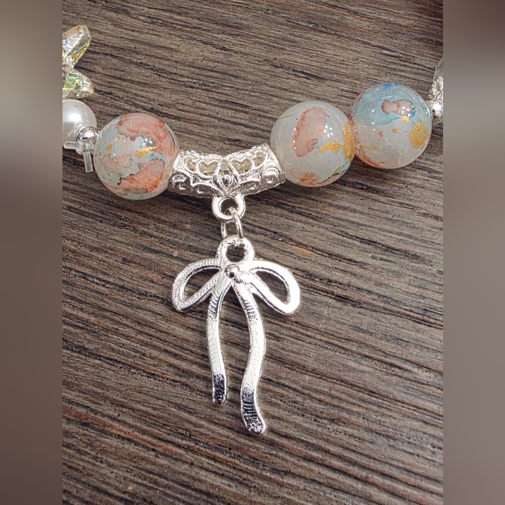 Beach Glass Beaded Bracelet – Starfish & Bow Charm +Free Gift 🎁 - Picture 3 of 7